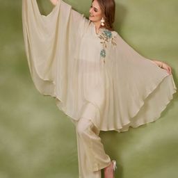 FREYAA Embroidered Mandarin Collar Pure Cotton Kaftan With Trouser-picture-50