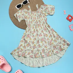 V-Mart Girls Floral Printed Cold-Shoulder Sleeves Fit & Flare Dress-15