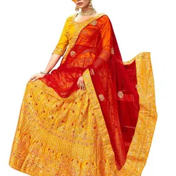 MANVAA Mustard & Red Embroidered Thread Work Semi-Stitched Lehenga & Unstitched Blouse With Dupatta-4