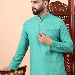 Latest Chikan Garments Men Geometric Printed Thread Work Block Print Kurta image 2