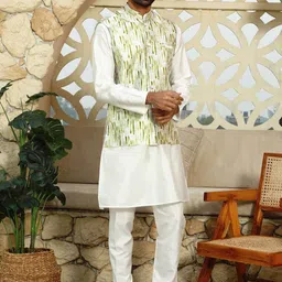 KRAFT INDIA Mandarin Collar Straight Kurta with Churidar & Tie-Dye Nehru Jacket-image-74