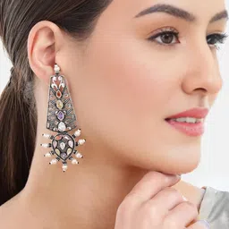 Anouk Sterling Silver Rhodium-Plated Artificial Stones Studded Contemporary Drop Earrings-95
