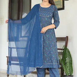 SINGNI Women Ethnic Motifs Embroidered Regular Pure Cotton Kurta with Trousers & With Dupatta-picture-15