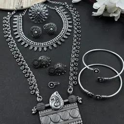 NAMAN ARTS Silver-Plated Oxidised Necklace Jewellery Set-image-97