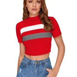 ODETTE Striped High Neck Crepe Fitted Crop Top-picture-13