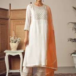 AVANSHEE Yoke Design Sequinned Chanderi Cotton Straight Kurta With Trousers & Dupatta-22