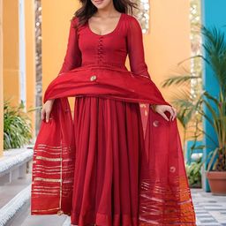 GoSriKi U-Neck Gotta Patti Pleated Anarkali Kurta & Trousers With Dupatta-picture-25