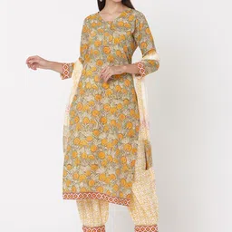 Fourleaf Women Floral Printed Cotton Kurta with Patiala & Dupatta-picture-1