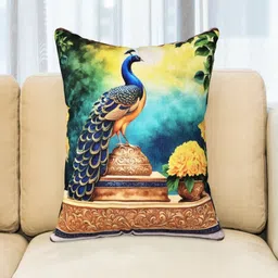 BED-SHEET.COM Blue 5 Pieces Peacock Digital Printed Jute Cotton Square Cushion Covers-image-95