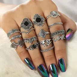 TheVineGirl Women Oxidized 15 Pcs Vintage Floral Designs Ring Set-picture-19