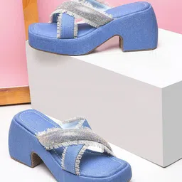JM Looks Women Rhinestone Embellished Denim Block Sandals-image-46