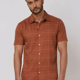 Mufti Men Spread Collar Windowpane Checks Checked Cotton Slim Fit Casual Shirt-image-35