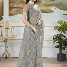 Munir Floral Sequinned Net Designer Saree image 3