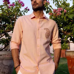 ASUKA Spread Collar Embroidered Relaxed Fit Linen Shirt-image-30