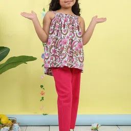 Sangria Girls Floral Printed Sleeveless Pure Cotton Top With Trouser-image-90