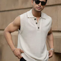 Powerlook Geometric Self Design Polo Collar Sweater Vest-picture-23