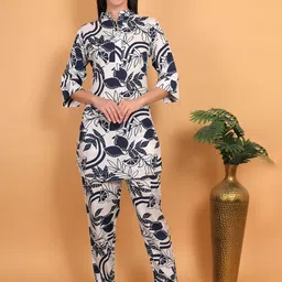 Fihana Printed Mandarin Collar Top With Trousers-image-44