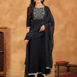 Janasya Women Floral Yoke Design Regular Sequinned Kurta with Trousers & With Dupatta-picture-17