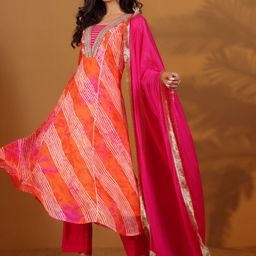 House of Pataudi Leheriya Printed A-Line Kurta With Trouser & Dupatta image 2