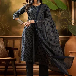Sangria Floral Printed Pure Cotton Straight Kurta With Trousers & Dupatta-picture-16