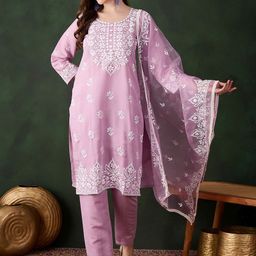 MANVAA Floral Embroidered Round Neck kurta With Trousers And Dupatta-image-103