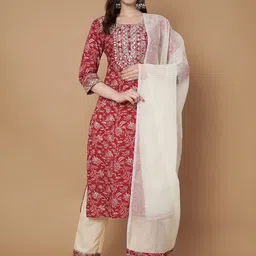 Vastralay Women Ethnic Motifs Printed Regular Thread Work Pure Cotton Kurta with Trousers & With Dupatta-17