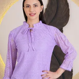 69 FASHION STREET WomenTie-Up Neck Bishop Sleeves Net Top-image-59