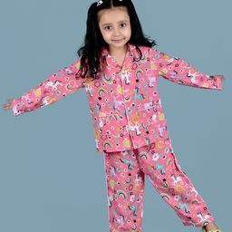 Nature Nook Kids Girl Printed Lapel Collar Shirt & Pyjamas Pure Cotton Night Suit-image-89