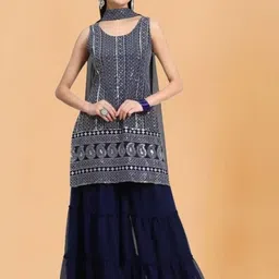 PARROT CREATION Geometric Embroidered Georgette Straight Kurta With Sharara & Dupatta-image-21