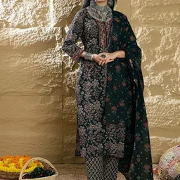 Anouk Women Floral Printed Regular Pure Cotton Kurta with Trousers & With Dupatta-13