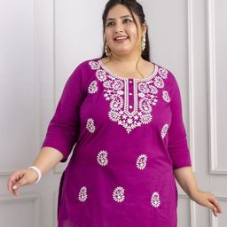 Lee Moda Plus Size Paisley Embroidered Round Neck Pure Cotton Kurti-picture-25