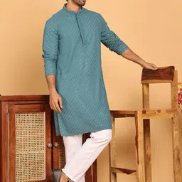 Anouk Teal Blue Geometric Embroidered Sequinned Mandarin Collar Kurta with Trousers image 2