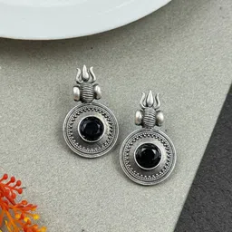 NAMAN ARTS Silver-Plated Artificial Stones Studded Circular Shaped Oxidised Drop Earrings-15