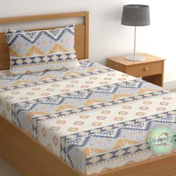 CG HOMES Cream & Blue Geometric 180 TC Cotton Single Bedsheet with 1 Pillow Covers-picture-14