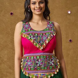 SALWAR STUDIO Pink Cotton Garba Multi Colour Patch work Readymade Crop Top-36
