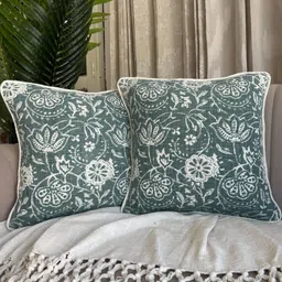 EXPORT HOUSE Green & White 2 Pieces Cotton Floral Square Cushion Covers-25