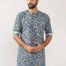JAYPORE Floral Printed Band Collar Long Sleeves Pure Cotton Kurta-image-64