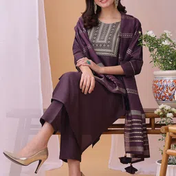 KALINI Yoke Design Sequinned Straight Kurta With Trousers And Dupatta-1