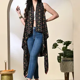 DECKEDUP Women Geometric Printed V-Neck Longline Asymmetric Open Shrug-41