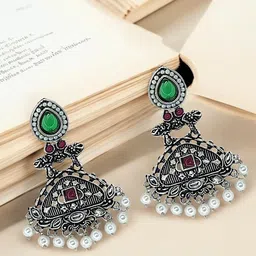 FEMMIBELLA Silver-Plated Contemporary Stone Studded & Beaded Oxidized Drop Earrings-14