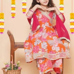 Little Zing Girls Floral Printed Angrakha Gotta Patti Kurta with Palazzos & With Dupatta-image-78