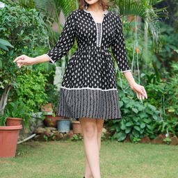 VIBE VISION Floral Printed Notch Neck Gathered Fit And Flare Dress-image-57