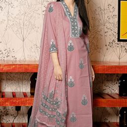 DIVASTRI Ethnic Motifs Printed V-Neck Straight Kurta With Palazzos & Dupatta-28