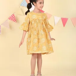 Fabindia Floral Print Bell Sleeve Fit & Flare Dress-image-72