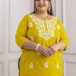 Lee Moda Plus Size Paisley Embroidered Round Neck Pure Cotton Kurti-image-68