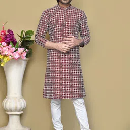 RANAK Men Floral Embroidered Regular Thread Work Pure Cotton Kurta with Pyjamas-picture-8