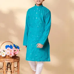 TAKE STYLE Boys Green Cotton Blend Embroidered Kurta Sets-picture-4