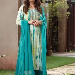 GoSriKi Women Printed Regular Sequinned Kurta with Trousers & With Dupatta-9