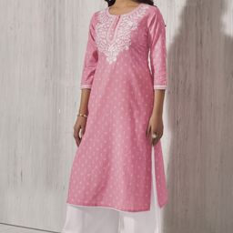 Anouk Pink & White Floral Embroidered Round Neck Straight Kurta-picture-53