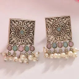 JAYPORE Silver-Plated Stones Studded And Pearls Beaded Square Shaped Drop Earrings-picture-20
